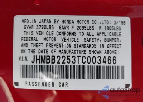 1996 Honda Prelude Si/Sr z USA, uszkodzony, nr VIN JHMBB2253TC003466